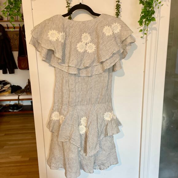 Innika Choo Striped Ruffle Mini Dress OS Linen Floral Embroidery Sailor Wrap - Picture 6 of 16